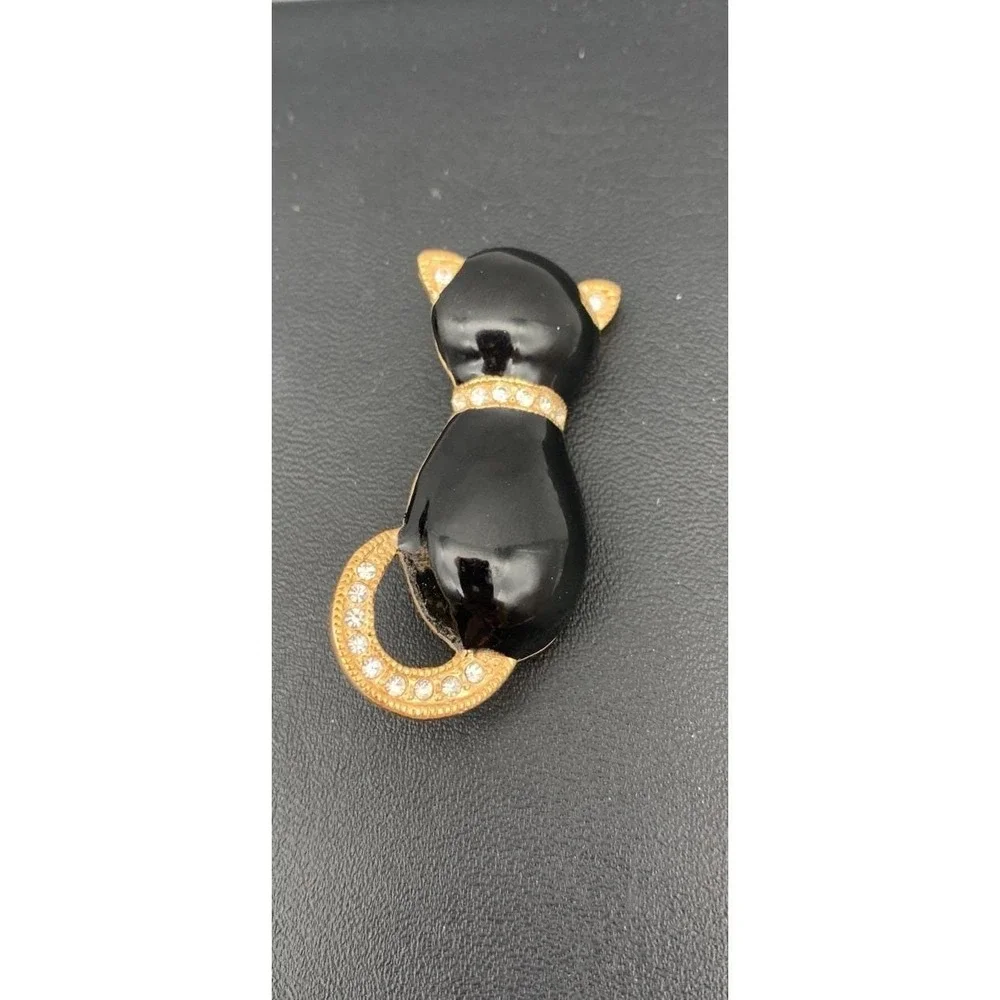 Vintage Roman Black Kitty Cat Clear Rhinestone Gold Tone Costume Brooch Pin